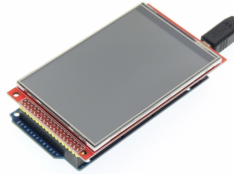 Groot LCD-touchscreen shield dat op een Arduino prikt